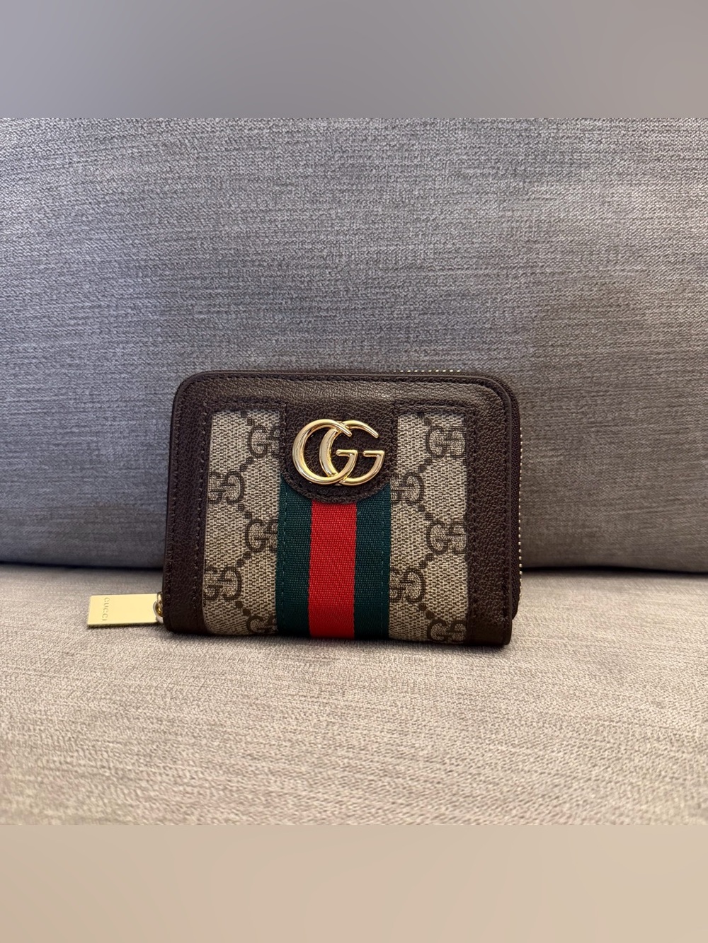 Gucci Brown GG Monogram Leather Zip Wallet with Web Stripe